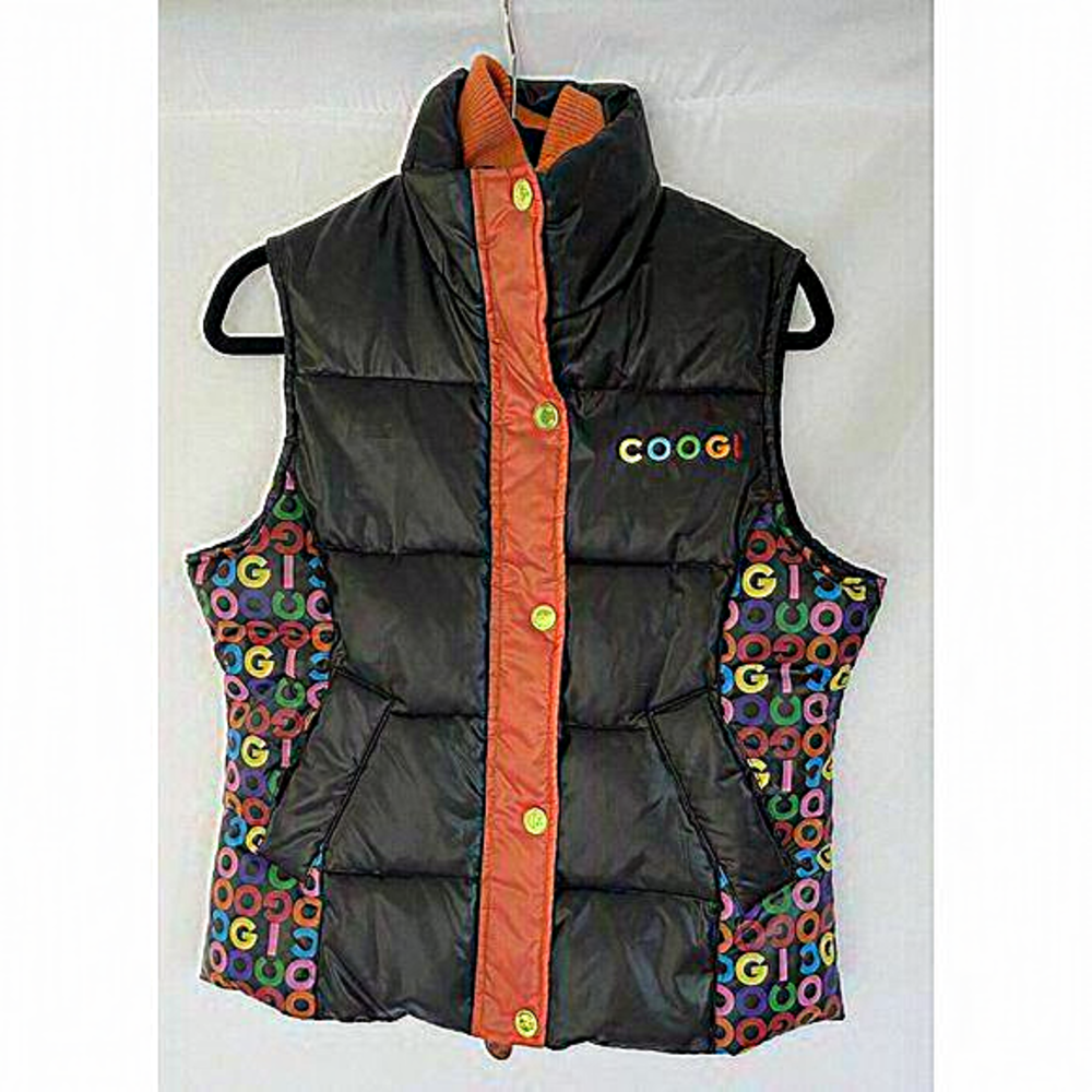 Coogi Puffer Ski Vest Womens Sz Large Black‎ Orange Logo Full Zip Snap Front